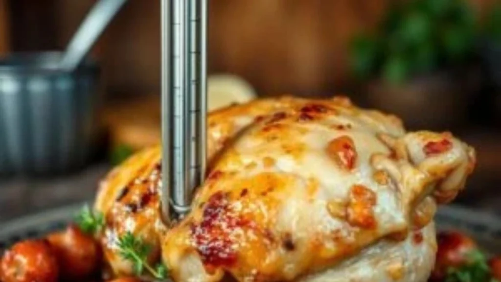 A pot of simmering chicken breasts in broth, garnished with fresh herbs.