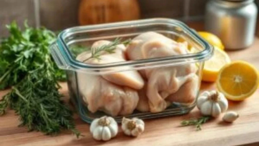 A pot of simmering chicken breasts in broth, garnished with fresh herbs.