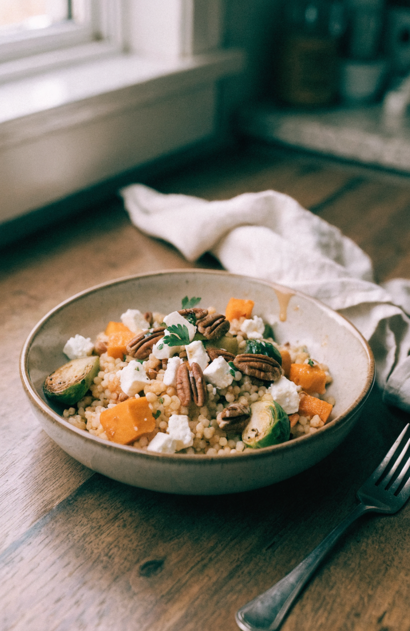 autumn pearl couscous salad served in a shallow bowl with roasted squash, apple pieces, feta, and parsley