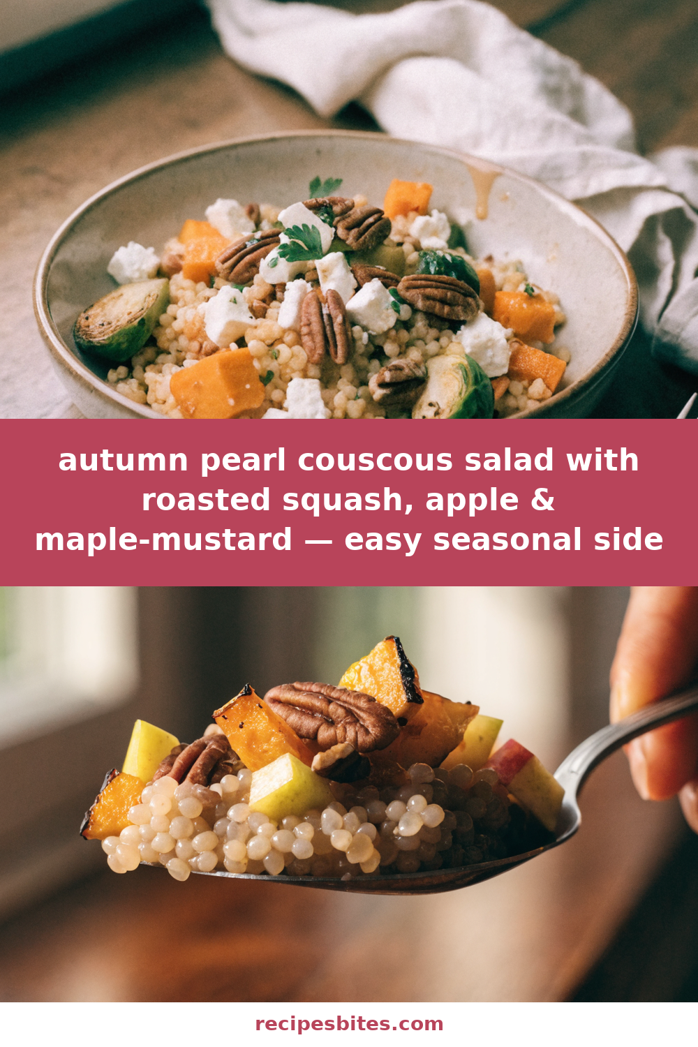 autumn pearl couscous salad with roasted squash, apple & maple-mustard — easy seasonal side Pinterest recipe pin