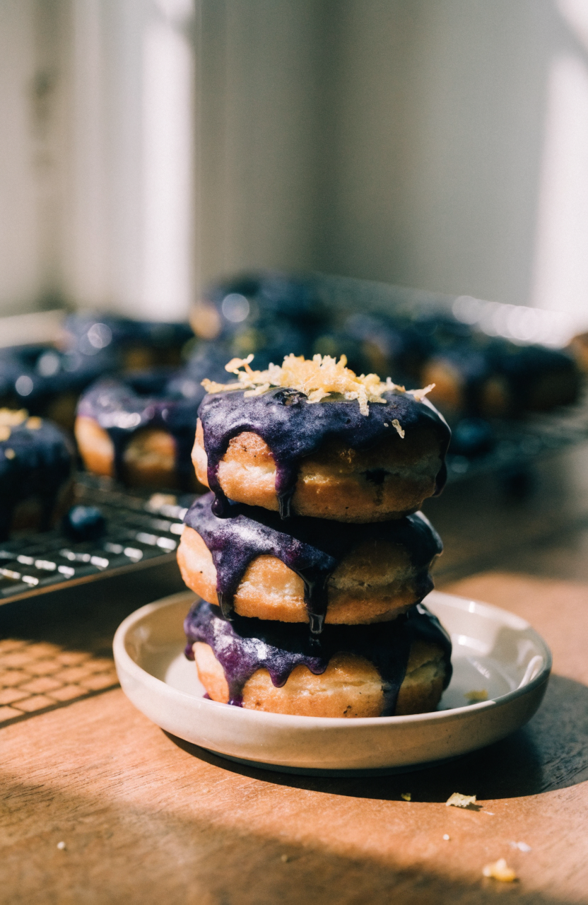 Blueberry cake donuts with glossy blueberry glaze and lemon zest on a wire rack