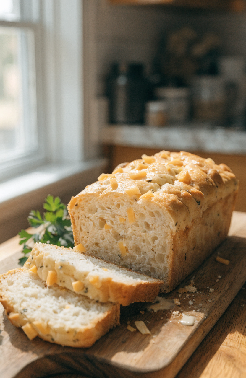 Sliced cheddar bay biscuit bread on a wooden board with garlic-butter brushed crust and parsley