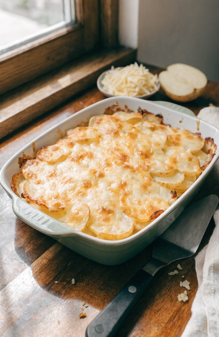 A golden-browned baking dish with creamy layers and melted cheese on top, a close-up of cheesy scalloped potatoes
