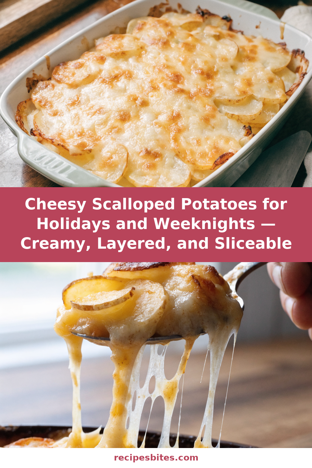 Cheesy Scalloped Potatoes for Holidays and Weeknights — Creamy, Layered, and Sliceable Pinterest recipe pin