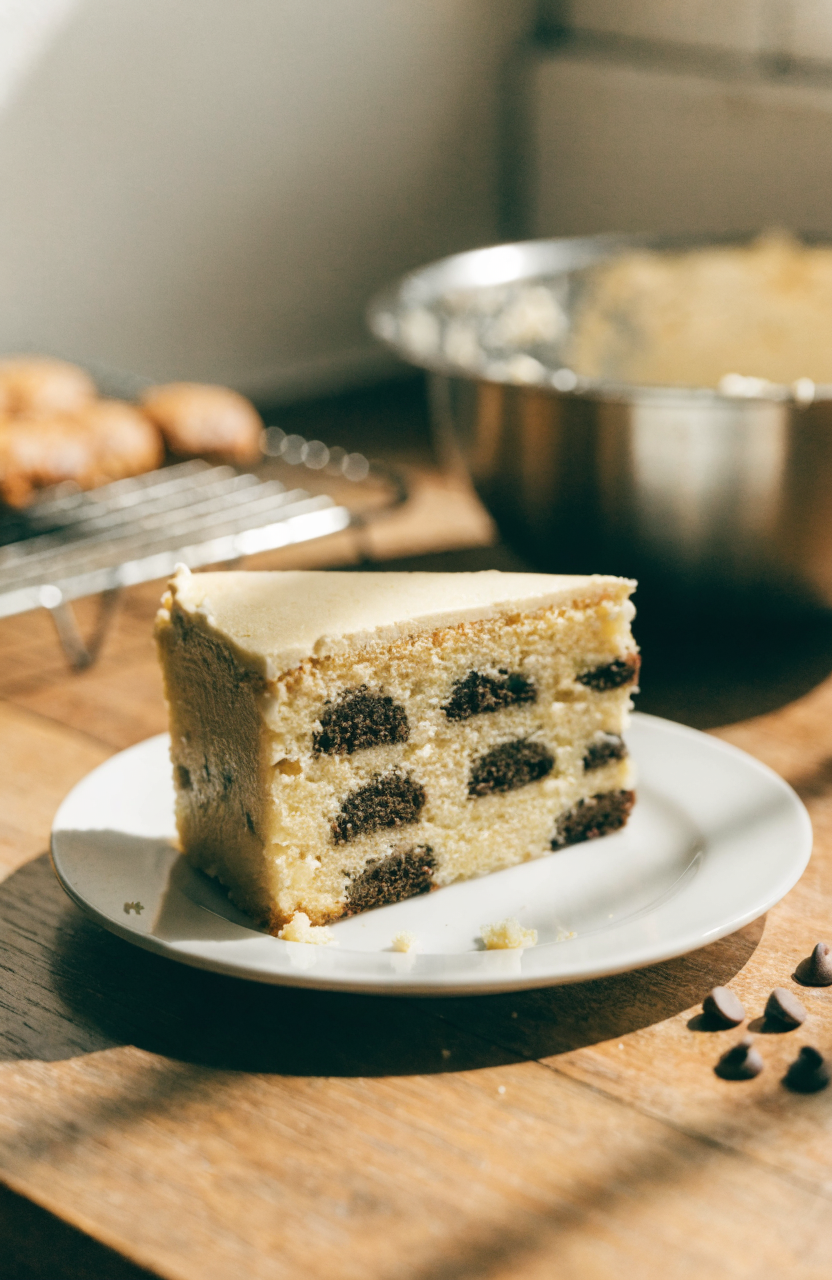 Slice of cookie dough cake showing cookie dough pockets and vanilla crumb with frosting