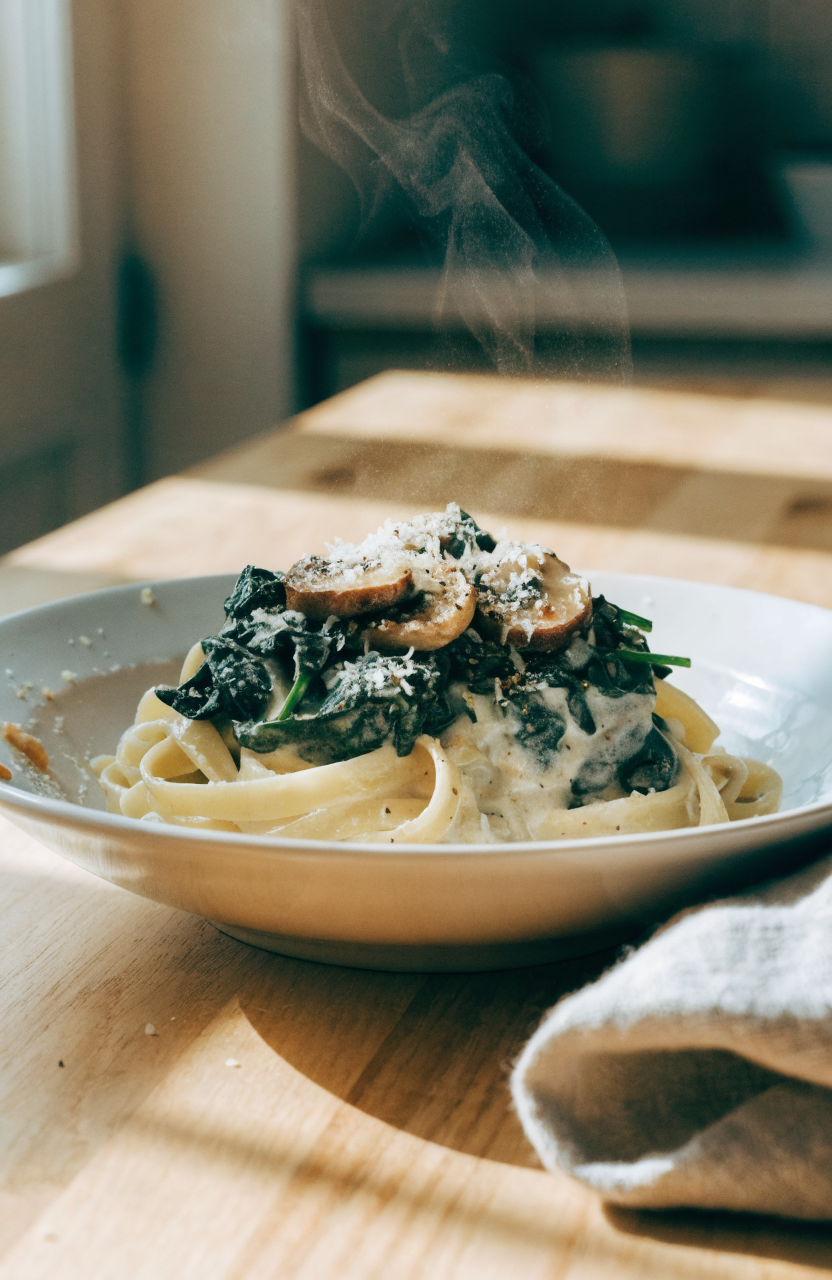 Bowl of creamy spinach mushroom pasta with Parmesan and black pepper