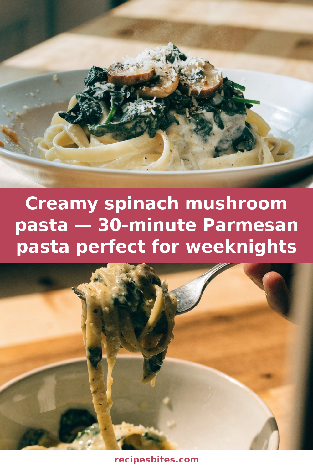 Creamy spinach mushroom pasta — 30-minute Parmesan pasta perfect for weeknights Pinterest recipe pin