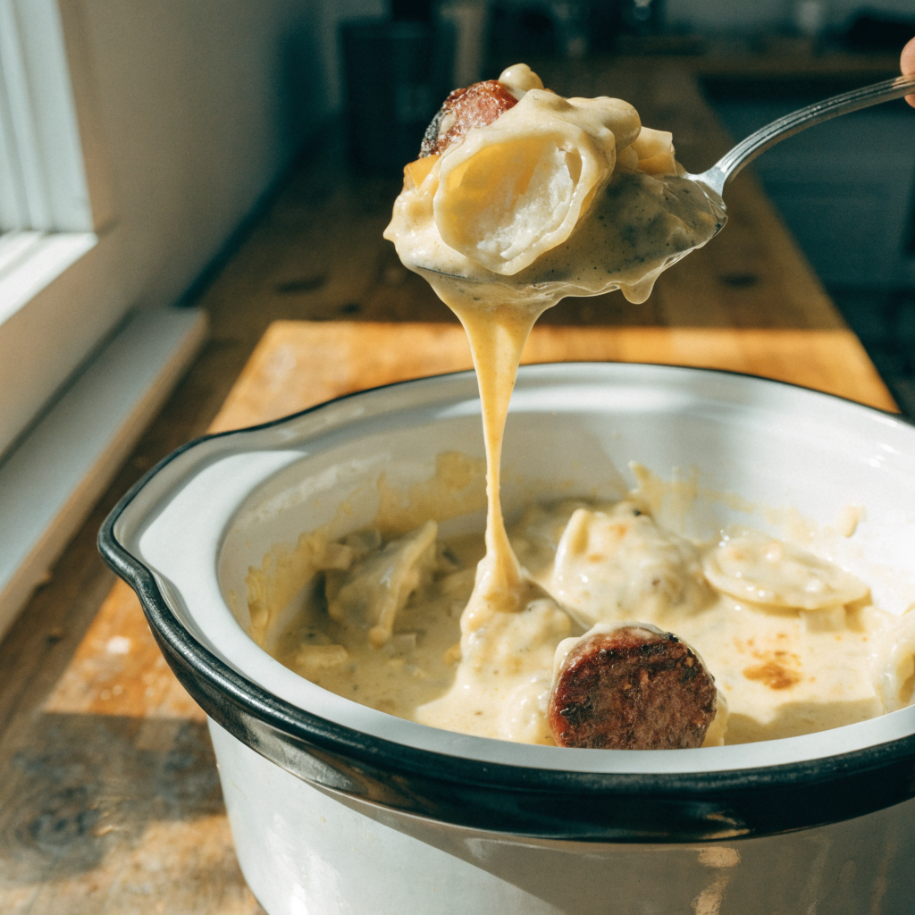 Close-up of crockpot pierogi casserole with turkey kielbasa