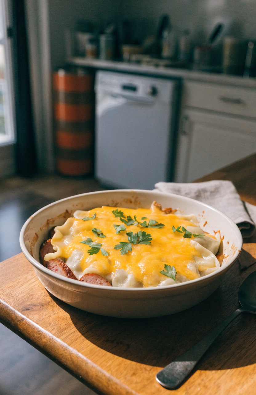Crockpot pierogi casserole with turkey kielbasa served in a shallow dish garnished with parsley and a dollop of sour cream