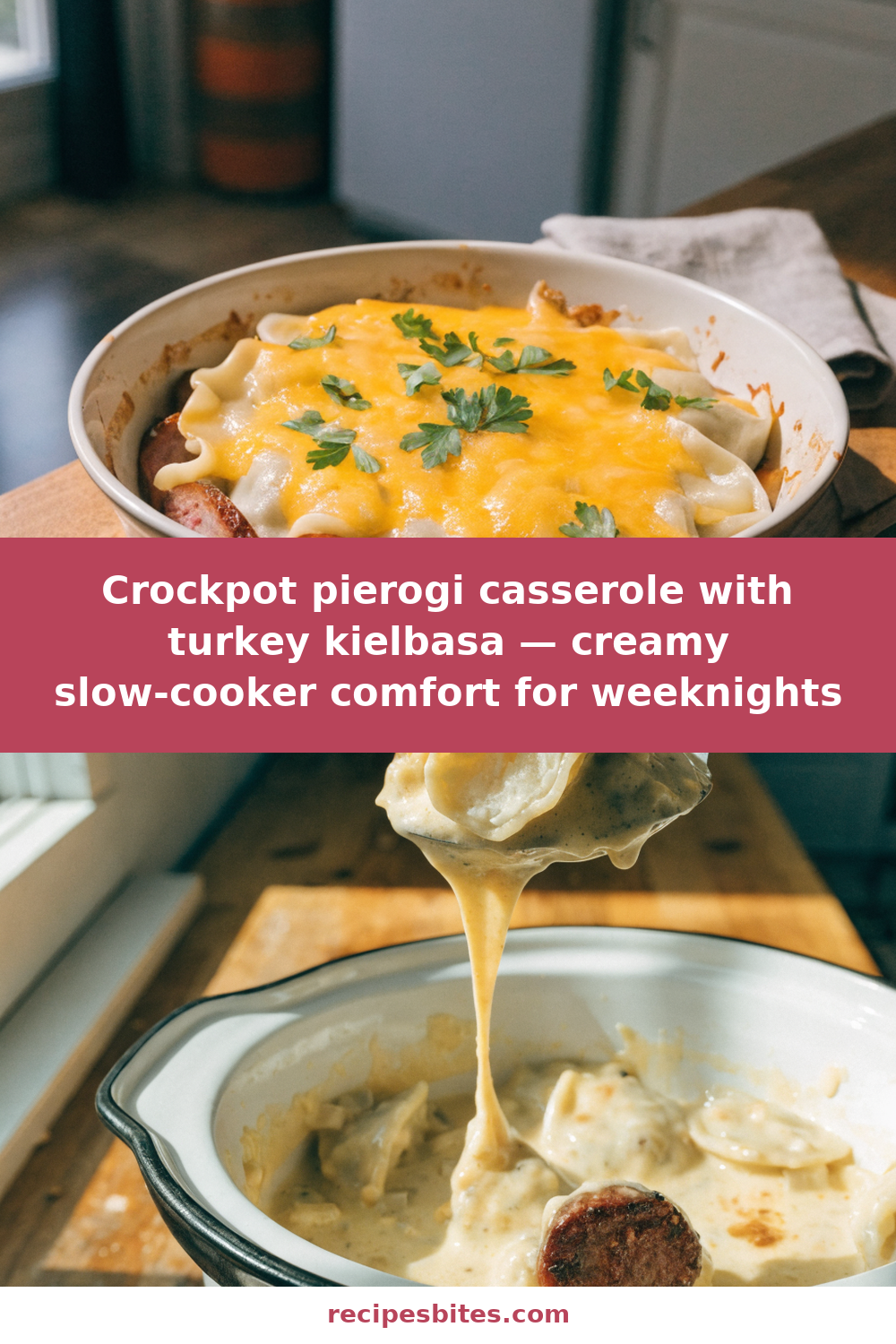 Crockpot pierogi casserole with turkey kielbasa — creamy slow-cooker comfort for weeknights Pinterest recipe pin