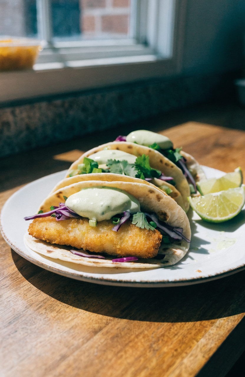 Cornmeal-crusted cod fish tacos with lime crema and pickled slaw on a ceramic plate