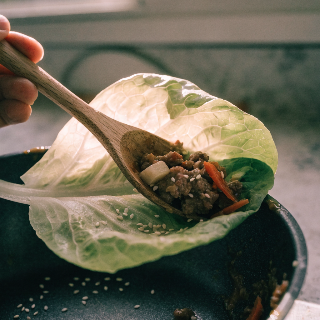 Close-up of asian-style ground beef lettuce wraps