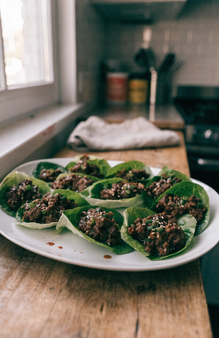 Ground beef lettuce wraps on a white platter with scallions and sesame seeds