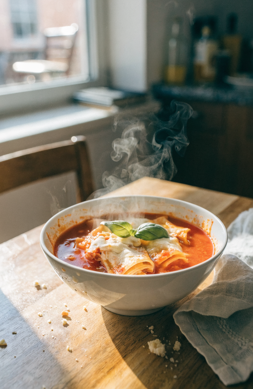 Bowl of lasagna soup with broken lasagna noodles and ricotta ribbons, sprinkled with basil and Parmesan