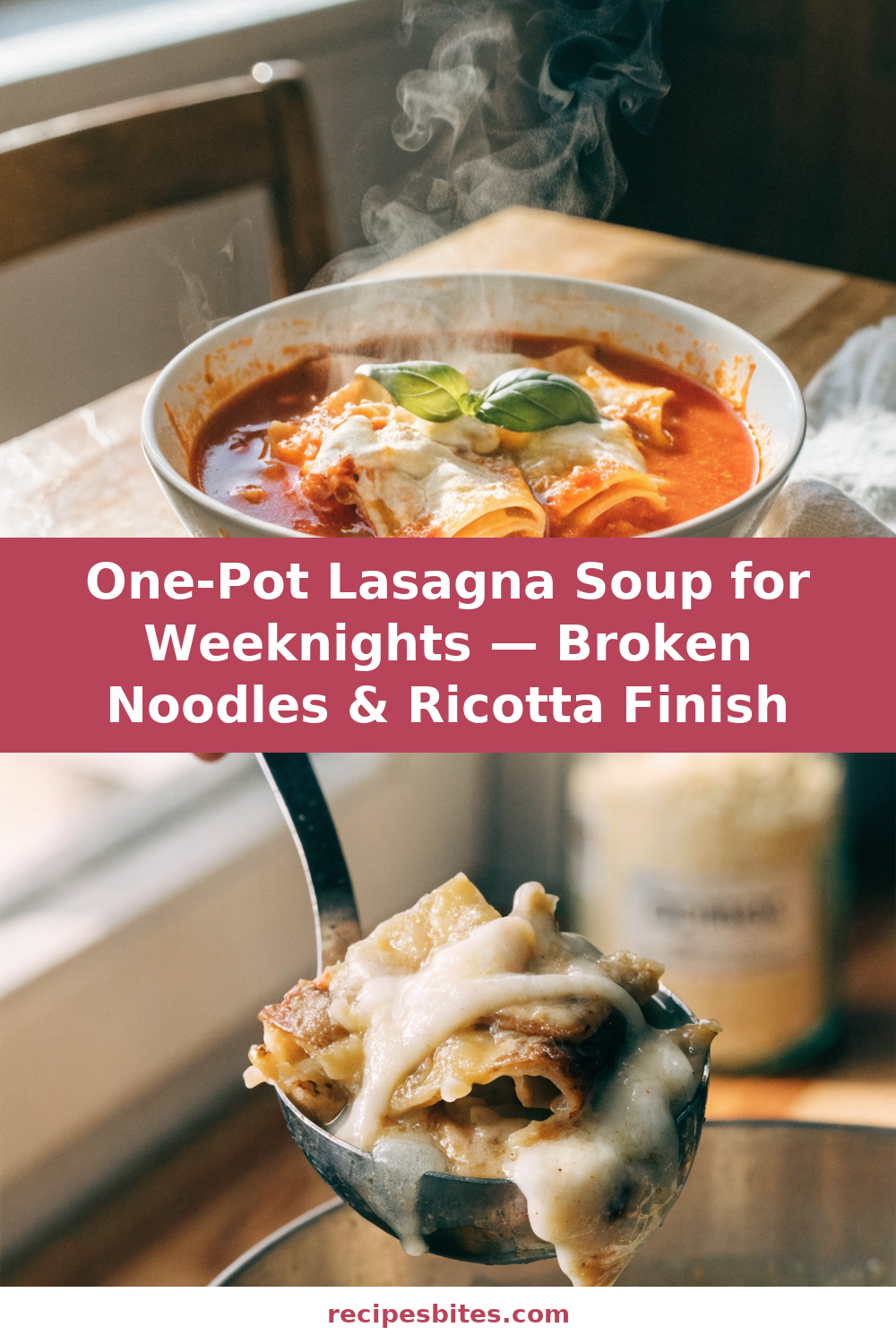 One-Pot Lasagna Soup for Weeknights — Broken Noodles & Ricotta Finish Pinterest recipe pin
