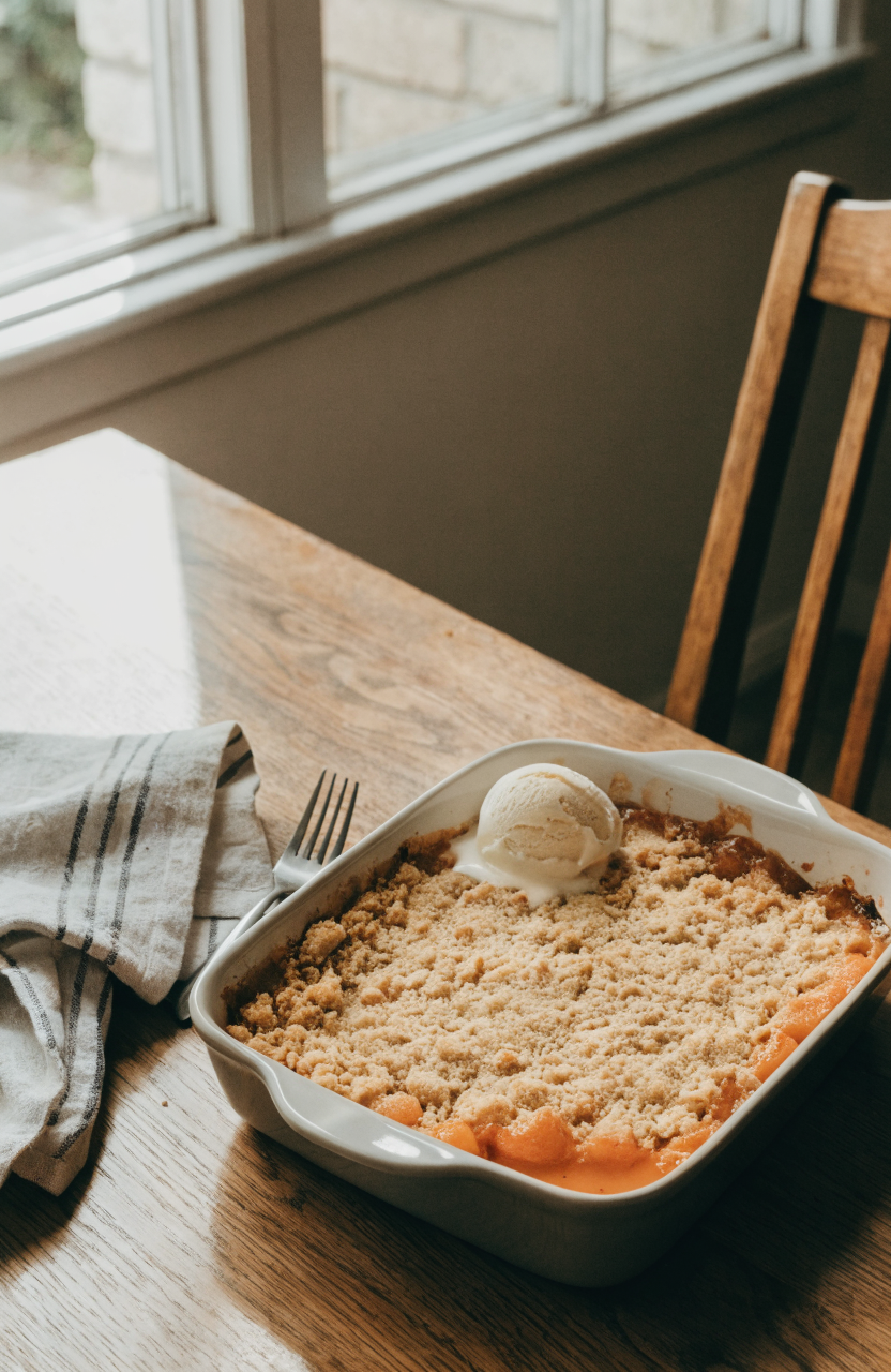 Warm peach crumble in a ceramic baking dish with a scoop of melting vanilla ice cream