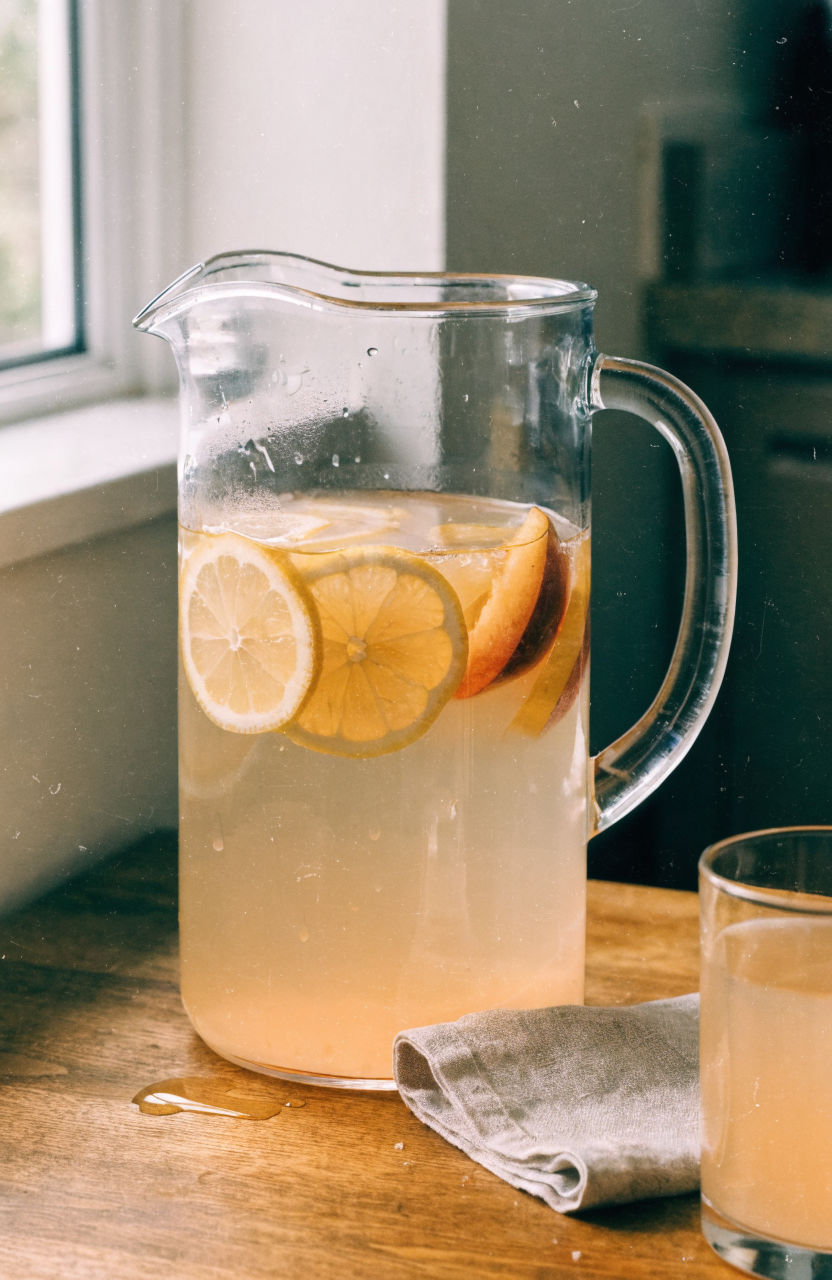 Glass pitcher of peach lemonade with lemon slices and peach wedges on a wooden table
