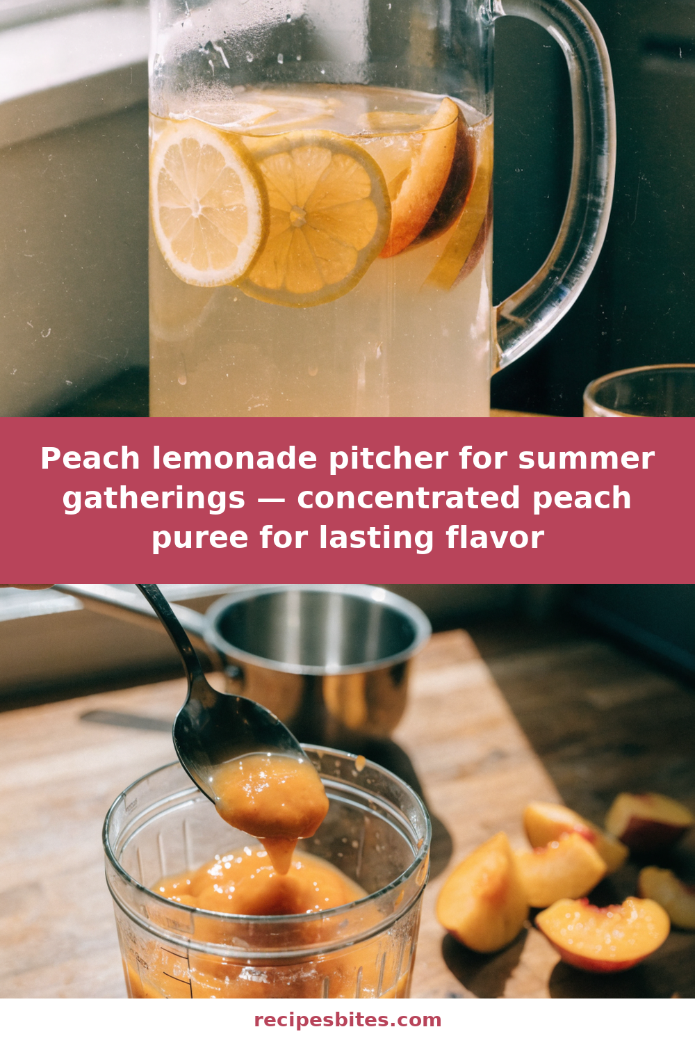 Peach lemonade pitcher for summer gatherings — concentrated peach puree for lasting flavor Pinterest recipe pin