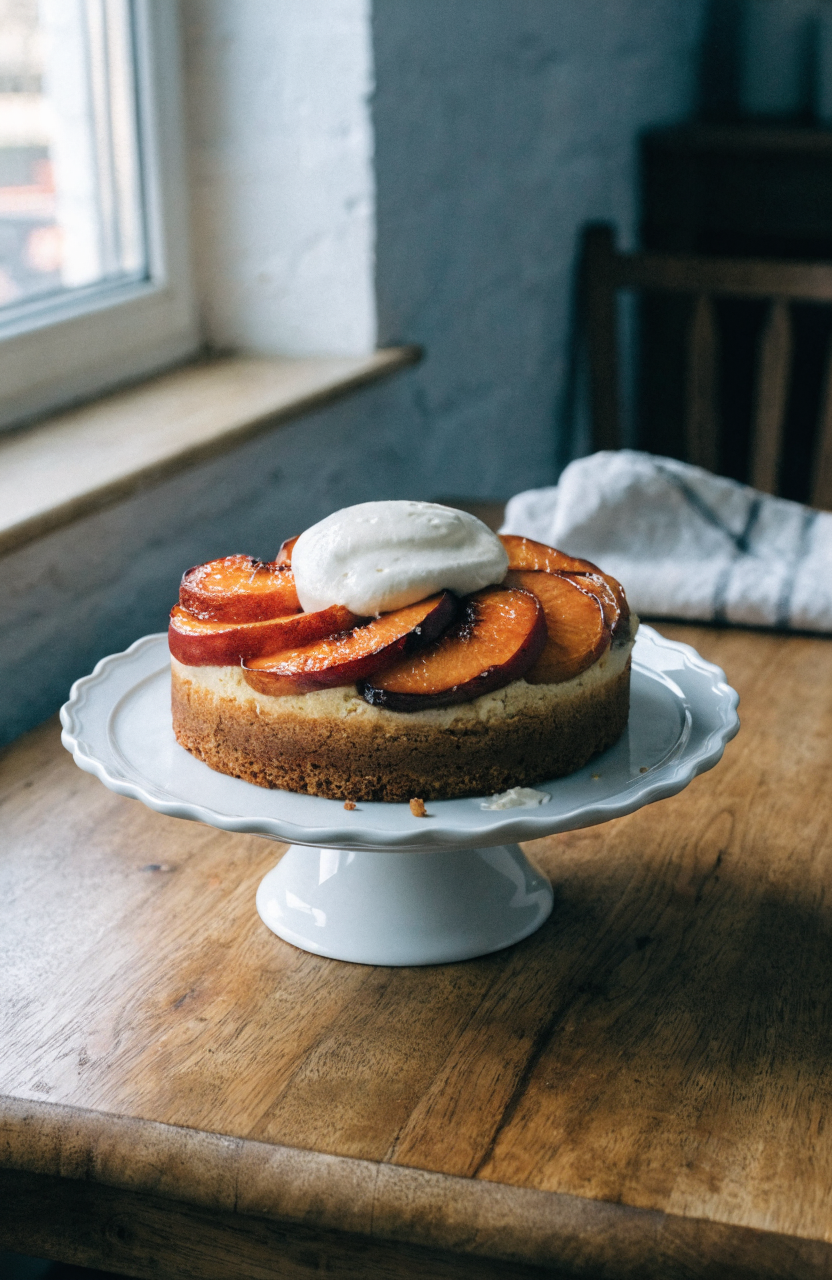 Slice of peaches and cream cake on a white plate topped with roasted peach slices and whipped topping