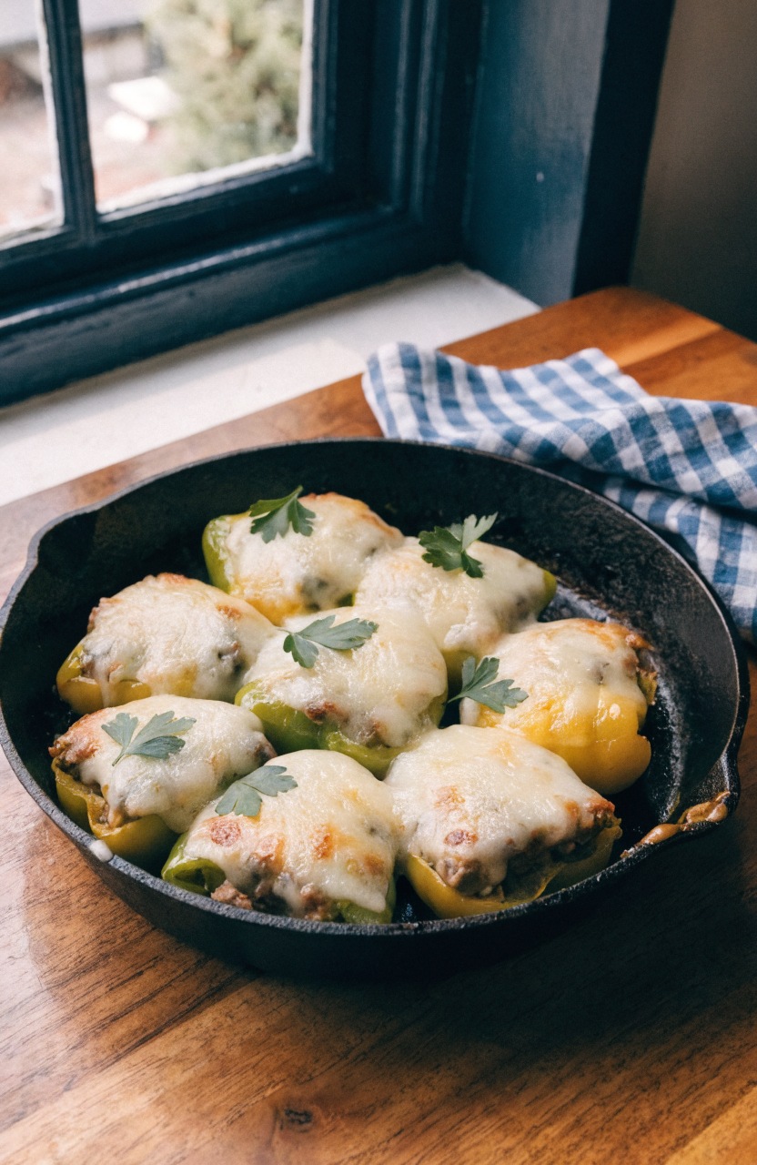 Stuffed pepper casserole on a white plate showing stuffed pepper halves and rice