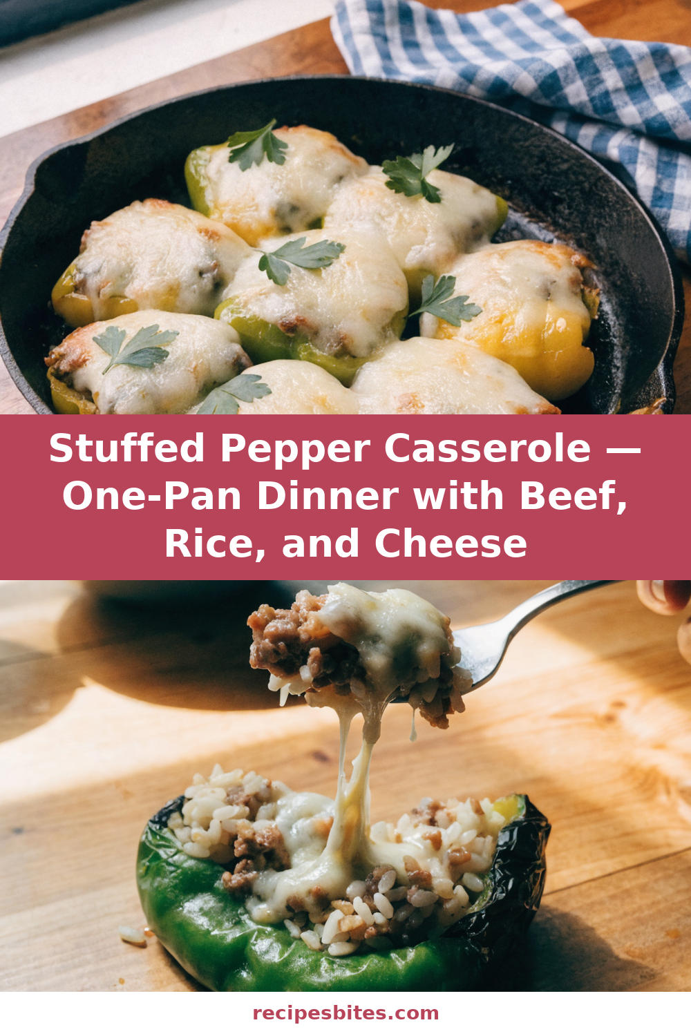 Stuffed Pepper Casserole — One-Pan Dinner with Beef, Rice, and Cheese Pinterest recipe pin
