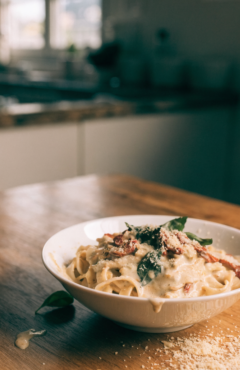 Bowl of sun-dried tomato vegan pasta in a white bowl garnished with basil and vegan parmesan