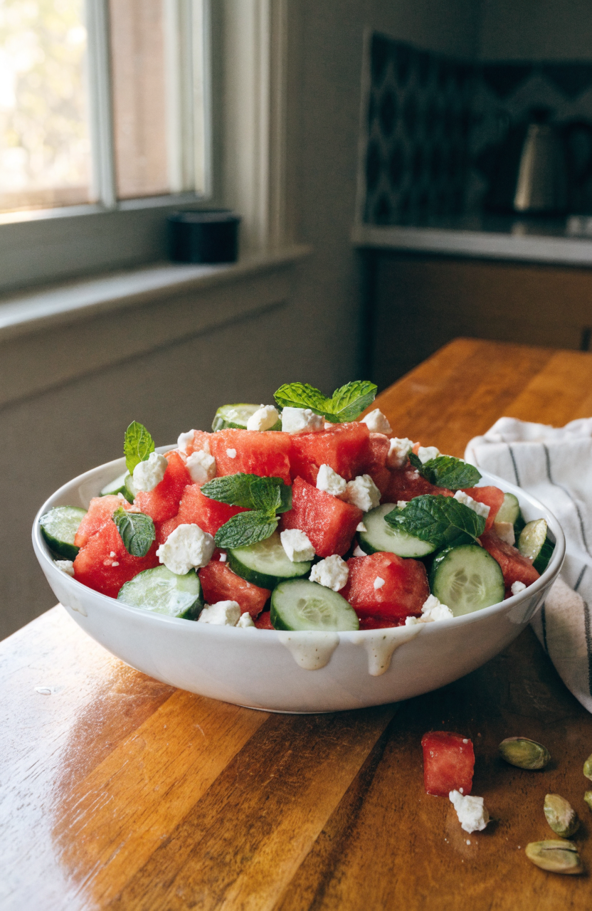 Watermelon salad with feta in a white bowl garnished with mint and cucumber