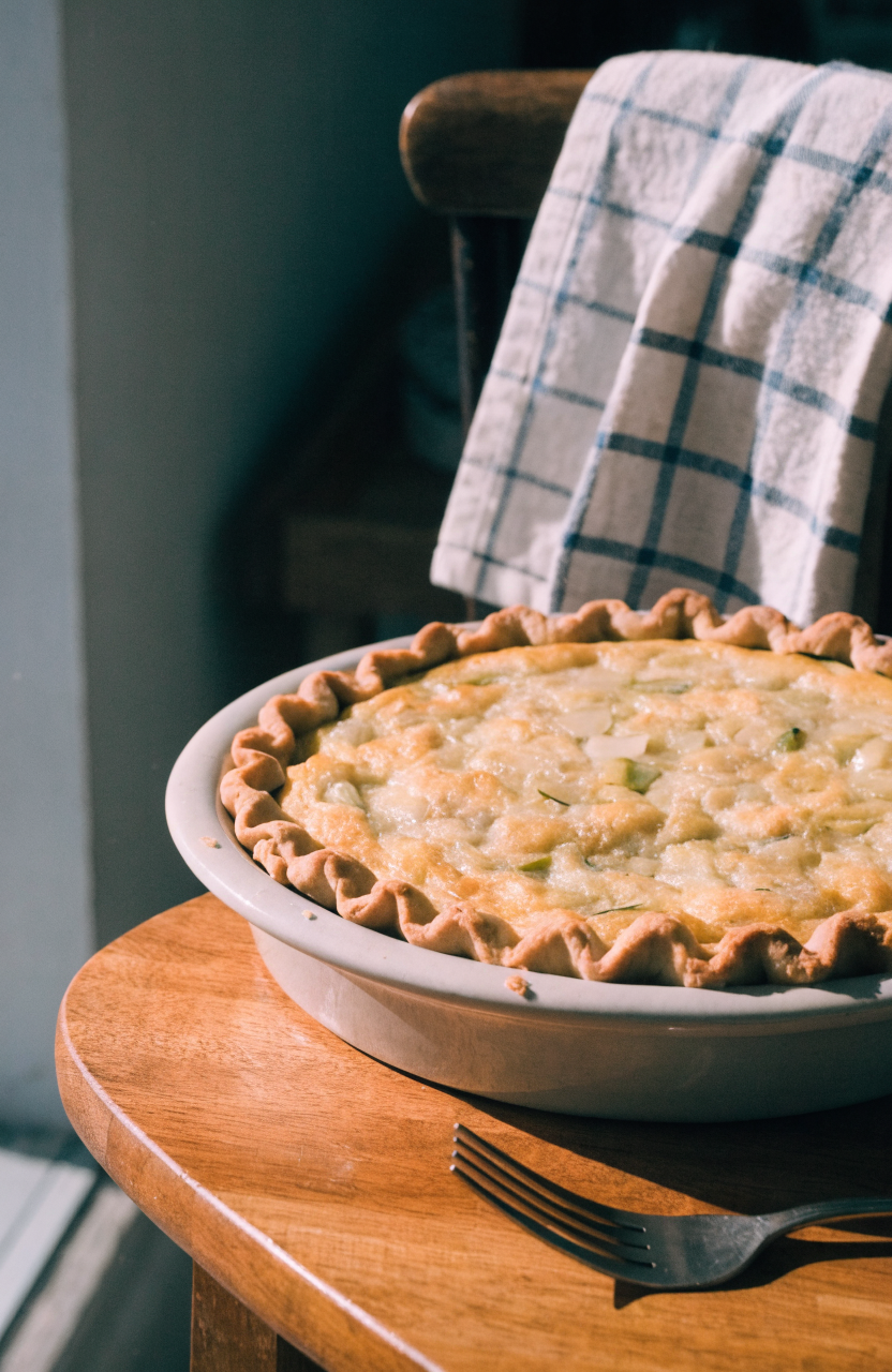 Slice of zucchini onion pie with golden crust and herbs on a white plate